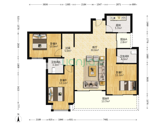 卧龙五洲世纪城（1/2期） 3室1厅2卫 125平方