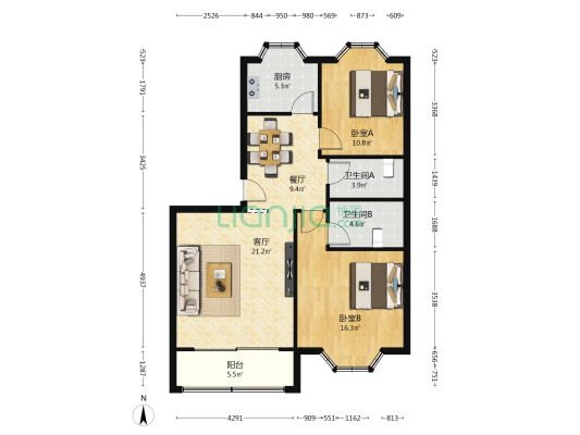 泉舜信宇花园 2室2厅2卫 95平方