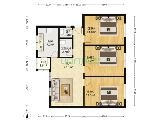 运输公司家属院 3室1厅2卫 103平方