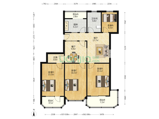 靖宇中路1弄 4室2厅1卫 127平方