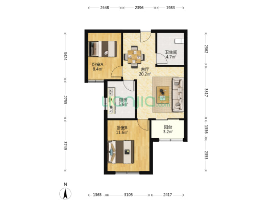 明湖盛景B区 2室1厅1卫 77平方