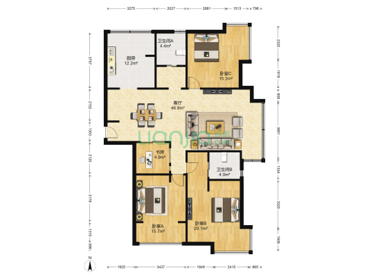 汇利广场 4室1厅2卫 117平方