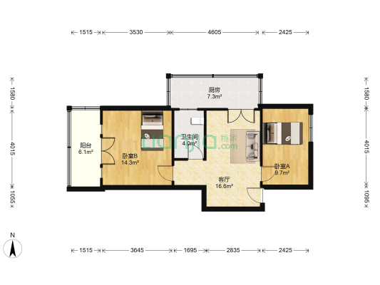 新居苑小区 2室1厅1卫 66平方