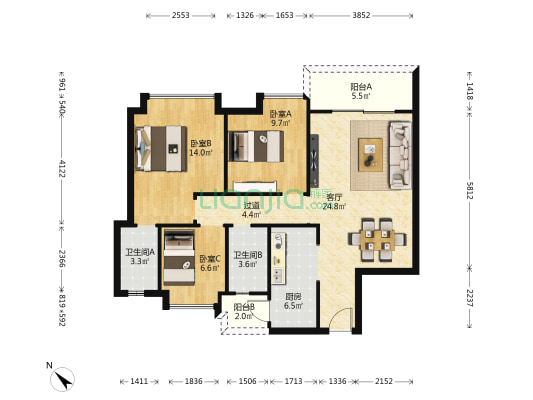 苏荷雅居 3室1厅2卫 89平方
