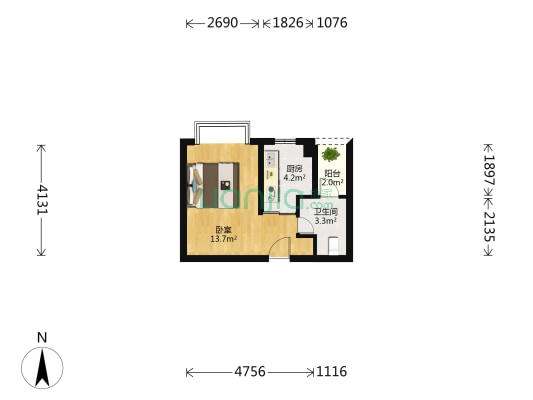 祥云天都世纪大厦 1室0厅1卫 34平方