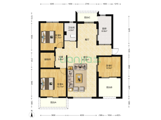 新亚洲体育城百合园东区 3室1厅1卫 114平方