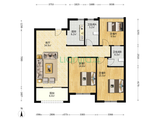 水云天私邸 3室1厅2卫 113平方