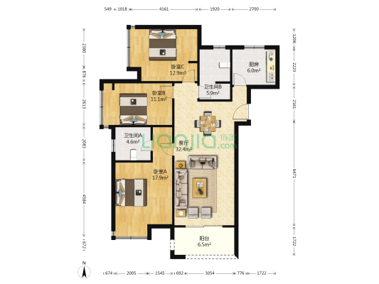 上实海上公元 3室1厅2卫 113平方