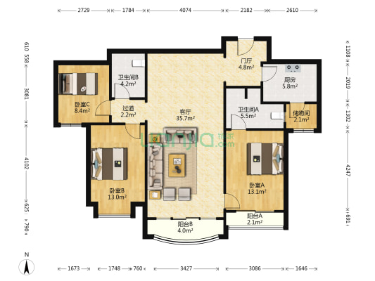 星河湾一期2号园 3室1厅2卫 135平方