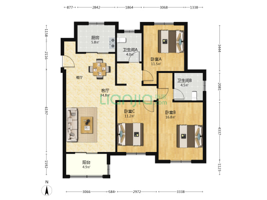 祝祥苑 3室1厅2卫 128平方