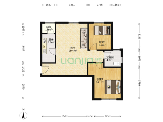 富力阳光美园 2室1厅1卫 89平方