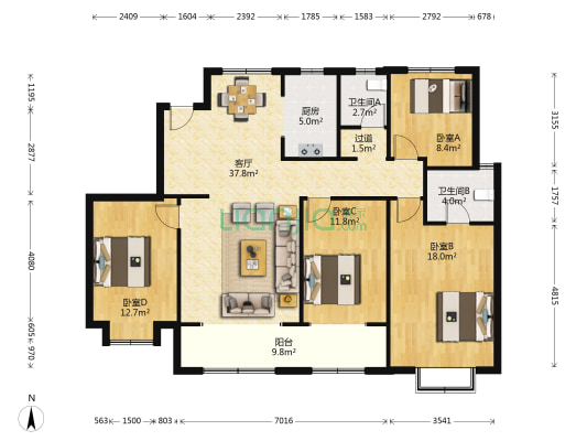 地平西棠甲第 4室1厅2卫 162平方