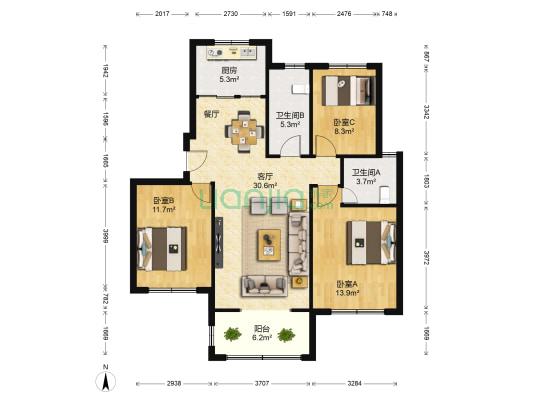 东南郡三期 3室1厅2卫 115平方
