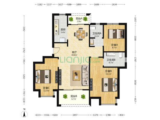 保利梧桐语 3室1厅2卫 110平方
