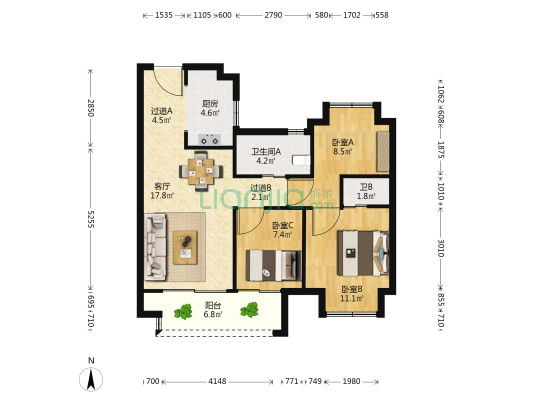 祥源·悦江南花园 3室1厅2卫 90平方