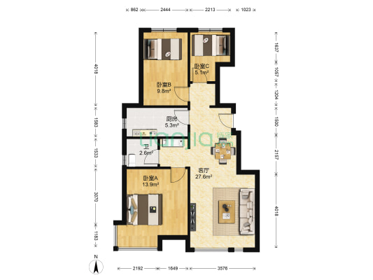 万科魅力之城雅亭苑 3室1厅1卫 88平方