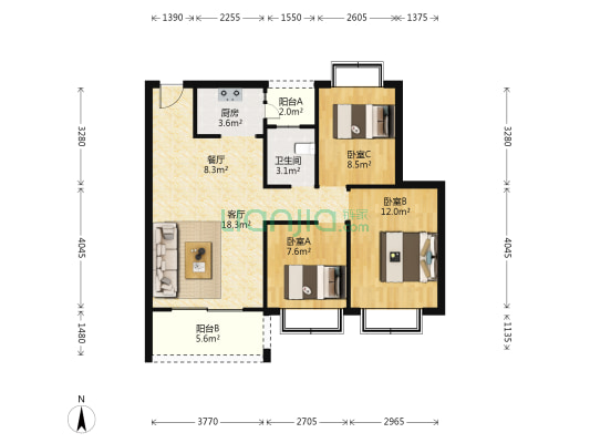 合和人家 3室2厅1卫 89平方