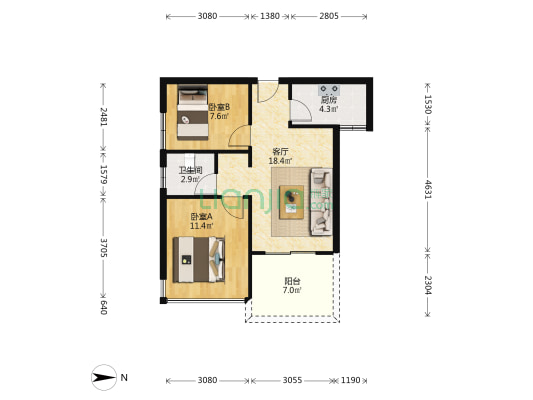 普达阳光国际康养度假区 2室1厅1卫 69平方