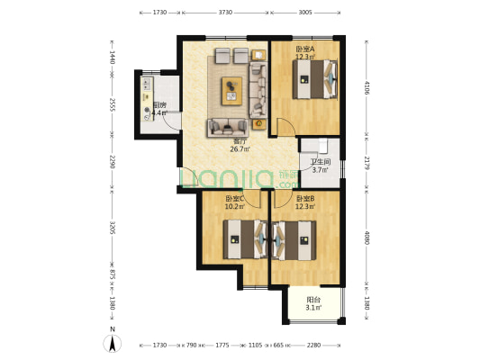水榭春天 3室1厅 南 北-户型图