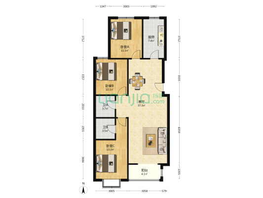 经贸大学东苑住宅楼 3室1厅2卫 133平方
