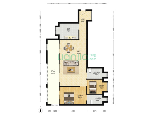 龙湖·舜山府 2室1厅2卫 122平方