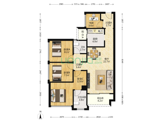 珠江花城五六期 4室1厅2卫 89平方