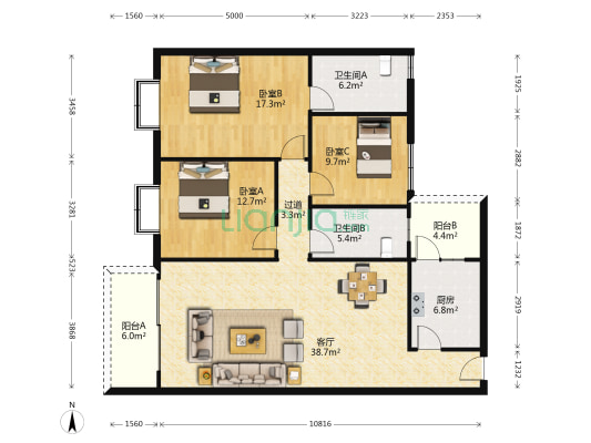 月光丽苑 3室1厅2卫 120平方