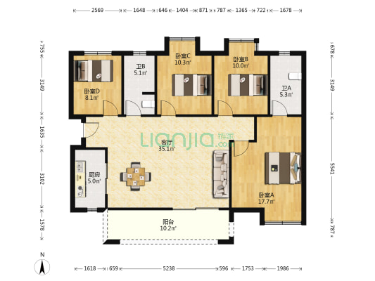 金科世界城 4室1厅2卫 131平方