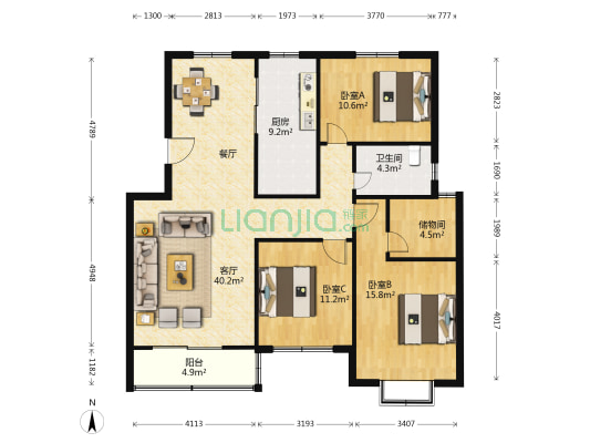 银丰新都 3室1厅1卫 124平方