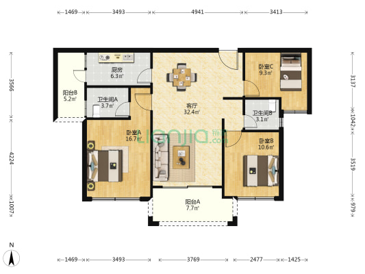 宏彬和馨公馆 3室1厅2卫 107平方