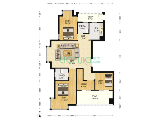 锦天名邸 3室1厅2卫 140平方