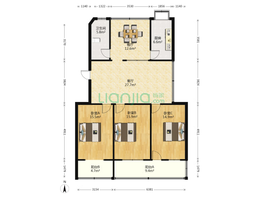 汽运小区 3室2厅1卫 128平方