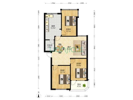 信托 3室1厅1卫 86平方