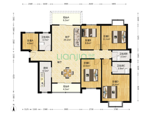 白鹭后海 5室1厅3卫 130平方