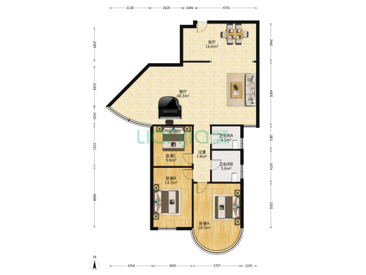 天虹大厦 3室2厅2卫 156平方
