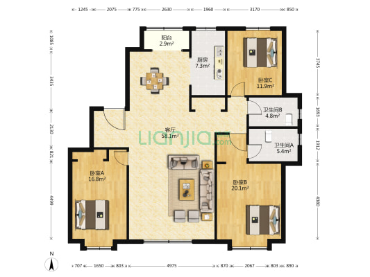 悦澜园 3室1厅2卫 163平方