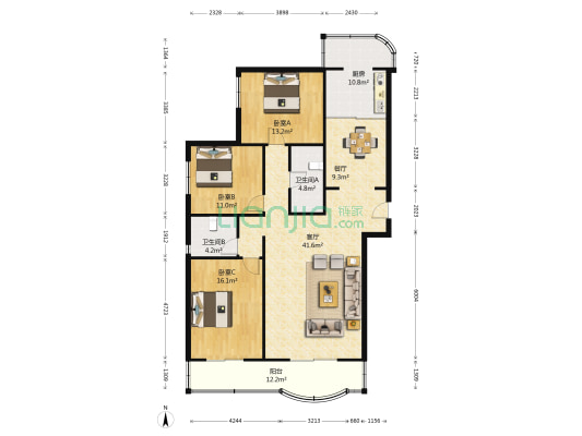 龙兴园南区 3室2厅2卫 143平方