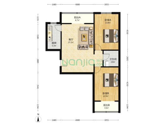 水岸花城 2室1厅 南 北-户型图