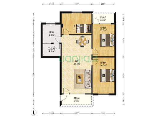 永发苑 3室1厅1卫 109平方