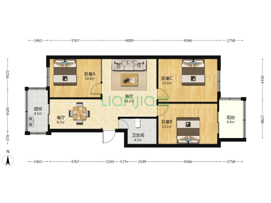 光明苑小区二号院 3室2厅1卫 97平方