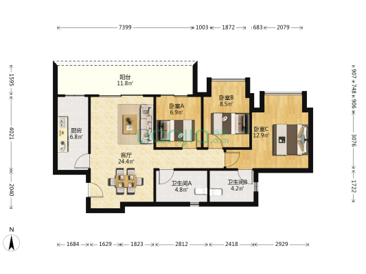 金科新天宸 3室1厅2卫 88平方