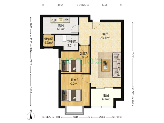 恒大江湾 2室1厅1卫 84平方