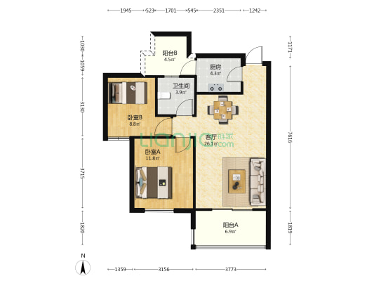 现代新居D区 2室1厅1卫 74平方