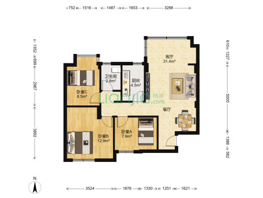 新景花园 3室1厅1卫 87平方