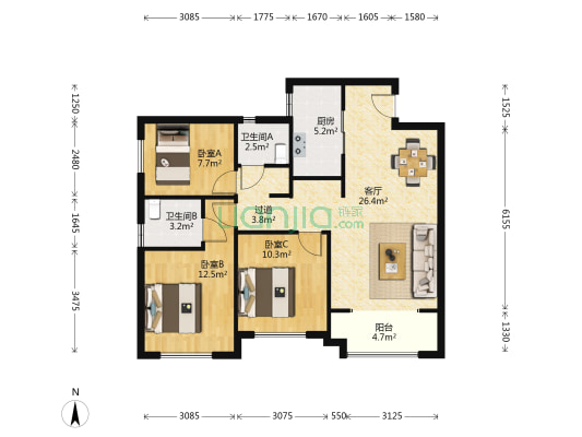 绿都紫荆华庭朗园 3室1厅2卫 107平方