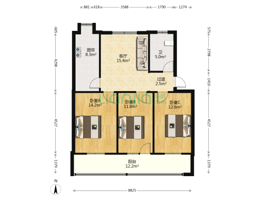 武警家属院 3室1厅1卫 92平方