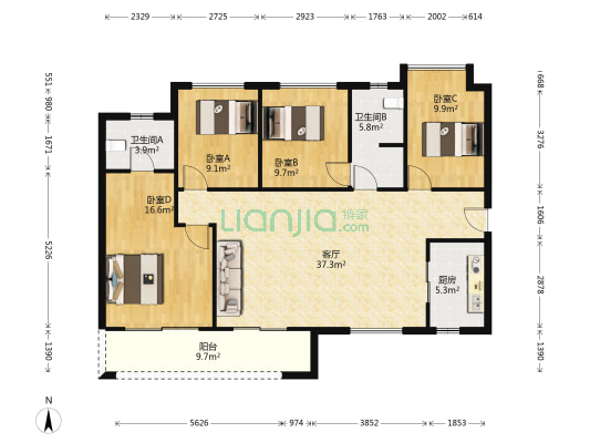 卓越中寰 4室1厅2卫 139平方