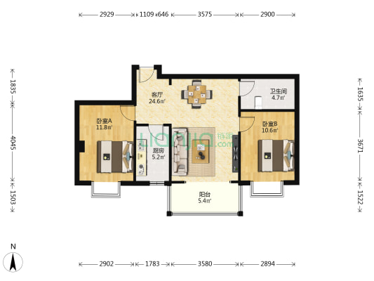 德盛伊园 2室1厅1卫 93平方