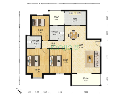 竹溪湾 3室1厅2卫 120平方
