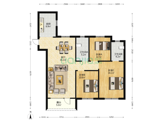 中海寰宇天下 3室1厅2卫 126平方
